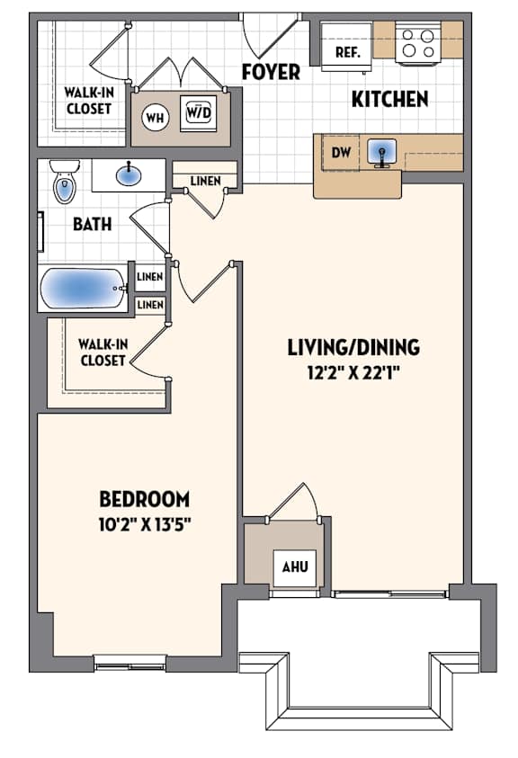 A floor plan of a small apartment with a living room, bedroom, bathroom, and kitchen.