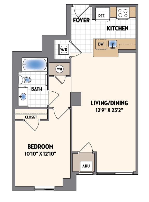 A floor plan of a small apartment with a bedroom, bathroom, kitchen, and living room.