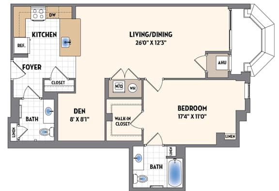 A floor plan of a house with a living room, dining room, kitchen, and two bedrooms.