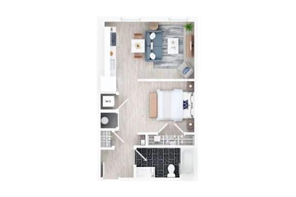 A top-down view of a house interior with a kitchen, living room, and bathroom.