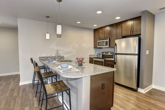 a kitchen with stainless steel appliances and a granite counter top at The Gunther, Baltimore, MD, 21224