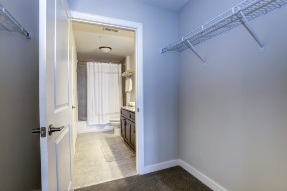 a walk in closet in a bathroom with a shower and a sink at The Gunther, Baltimore, MD