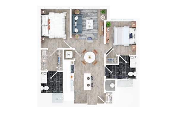 A top-down view of a room with a dining table, chairs, a couch, a bed, and a kitchen area.
