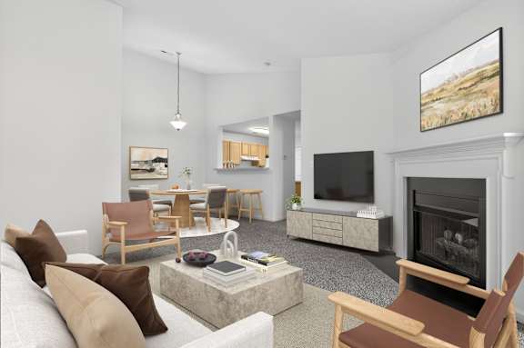 A living room with a fireplace and a television.