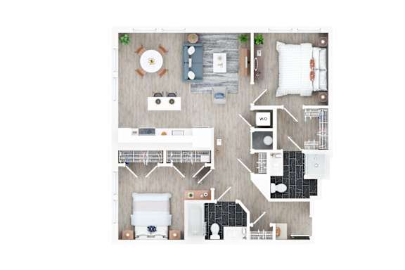 A top-down view of a room with a dining table, chairs, a couch, a bed, and a kitchen area.