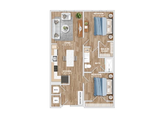 A floor plan of a house with a living room, dining room, kitchen, and bedrooms.