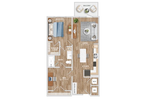 A floor plan of a house with a balcony, bedroom, living room, bathroom, kitchen, dining room, and entry way.