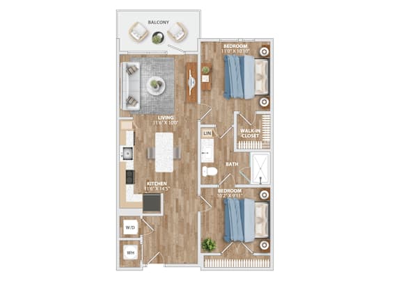 Floor Plan  A floor plan of a small apartment with a balcony, kitchen, living room, and two bedrooms.