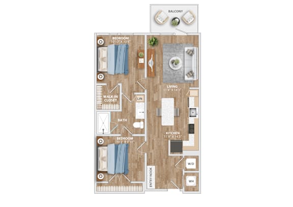 A floor plan of a house with a balcony, bedroom, living room, bathroom, kitchen, and dining room.