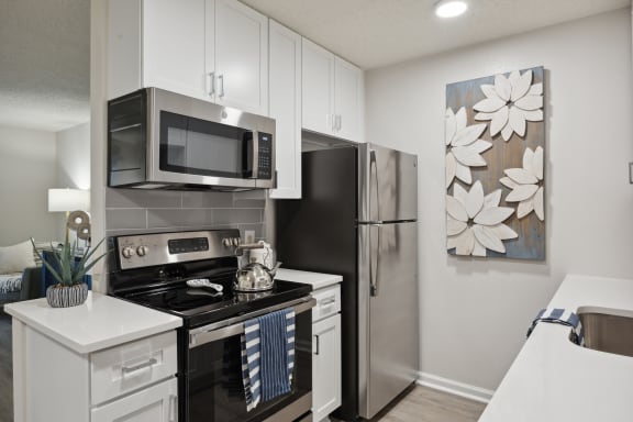 the preserve at ballantyne commons apartment kitchen with stainless steel appliances at St. Andrews Reserve, Wilmington, NC