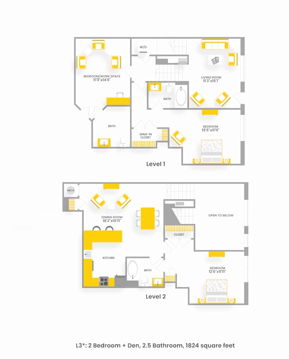 A floor plan of a two-level apartment with labeled rooms and dimensions.