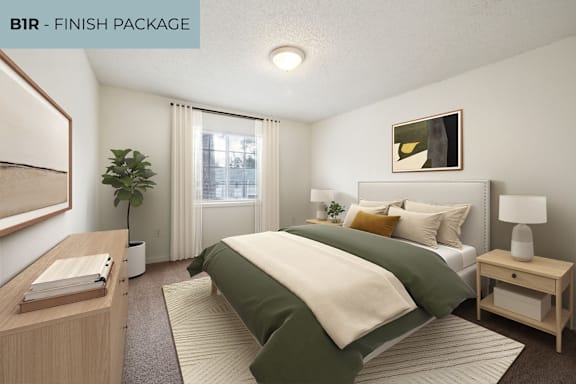 A bedroom with a bed, nightstand, and a plant.