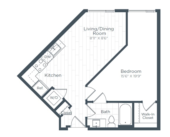 A floor plan of a small apartment with a living/dining room, kitchen, bedroom, and bathroom.