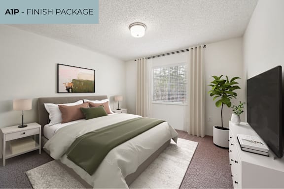 AIP - FINISH PACKAGE bedroom with a bed, nightstand, lamp, and television.