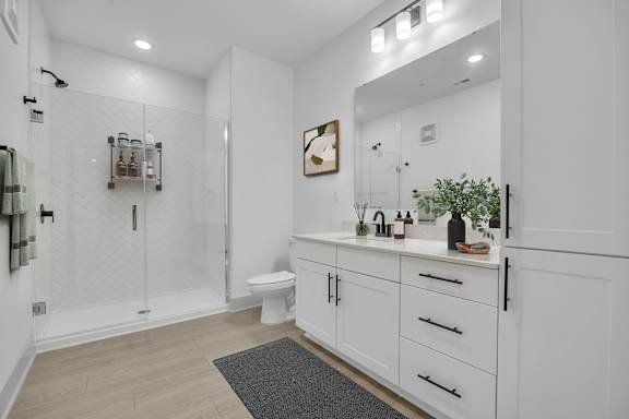 A white bathroom with a walk-in shower and a toilet