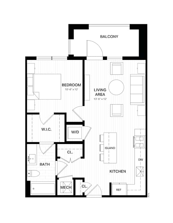 Floor Plan  A floor plan of a house with a balcony, living area, kitchen, bathroom, and bedroom.