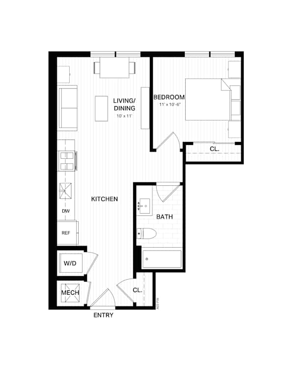 Floor Plan  A floor plan of a small apartment with a living room, bedroom, kitchen, bathroom, and a work area.