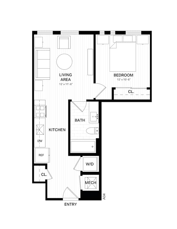 Floor Plan  A floor plan of a home with a living area, kitchen, bath, bedroom, and a workspace.