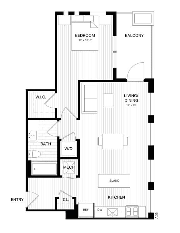 Floor Plan  A floor plan of a house with a bedroom, living room, kitchen, and bathroom.