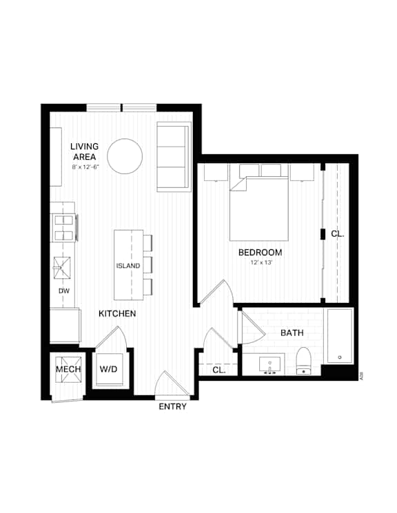 Floor Plan  A floor plan of a small apartment with a living area, kitchen, bathroom, bedroom and entry.