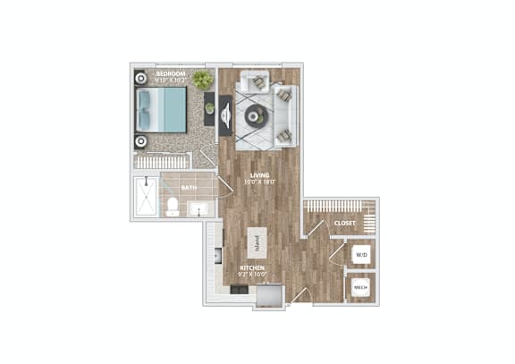 A floor plan of a house with a living room, kitchen, and bathroom.