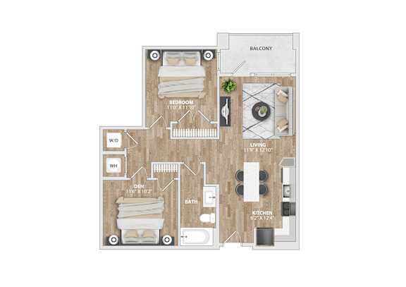 A floor plan of a house with a balcony, two bathrooms, a kitchen, and a living area.