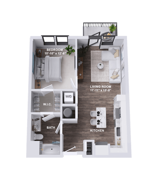 A floor plan of a small apartment with a bedroom, living room, kitchen, and bathroom.