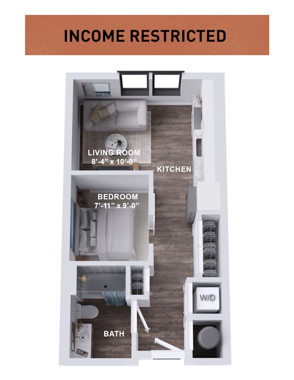 A diagram of a small apartment layout with a living room, kitchen, bedroom, and bathroom.