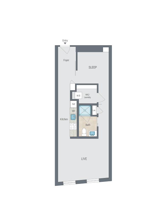 Floor Plan  1 bed 1 bath N a floor plan of a house with a bedroom and a living room at Reed Row, Washington, DC