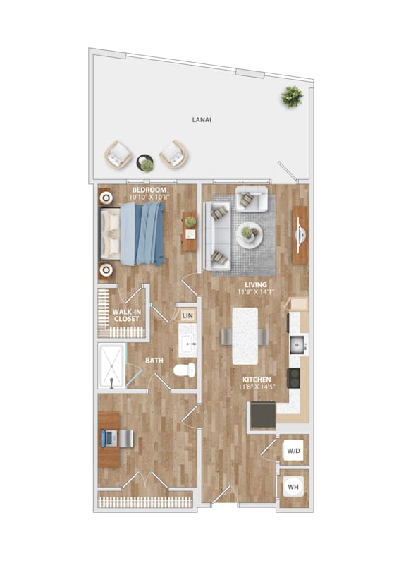 A floor plan of a small apartment with a living room, kitchen, and bathroom.