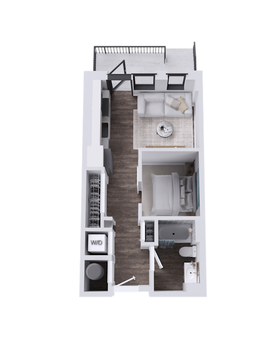 Floor Plan  A top-down view of a small apartment with a living area, kitchen, and bedroom.