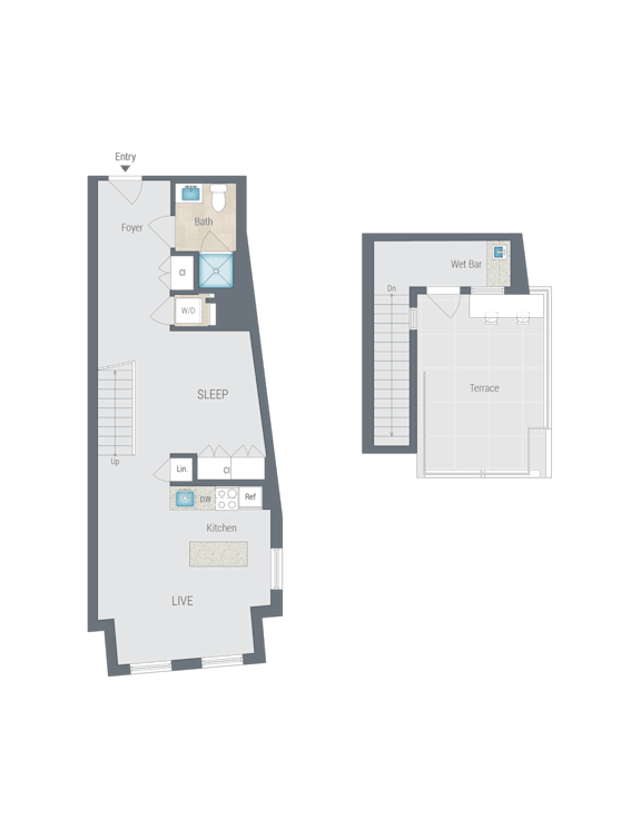 Floor Plan  1 bed 1 bathroom a floor plan of two different layouts of a house at Reed Row, Washington, DC