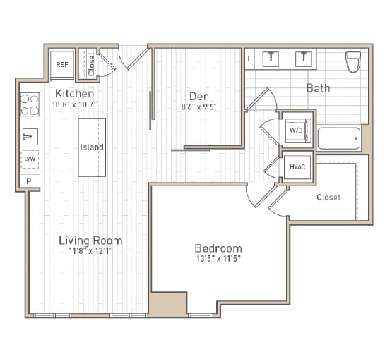 A floor plan of a house with a kitchen, living room, bedroom, bath, and den.
