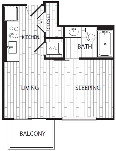 One bedroom apartment floor plan with balcony at CODA on H Apartments, Washington, DC 20002