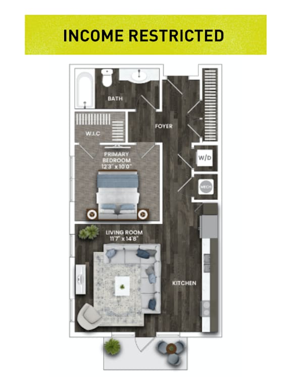 A floor plan of an income restricted apartment.