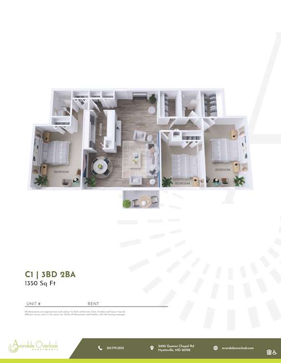 A floor plan of a 1350 square foot unit with a living room, two bedrooms, a bathroom, and a kitchen.