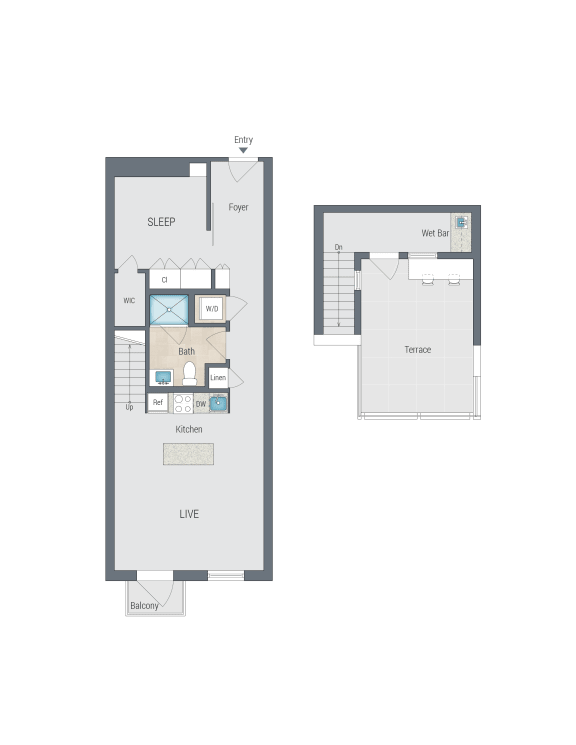 1 bed 1 bath M a plan of two floor plans of a house at Reed Row, Washington