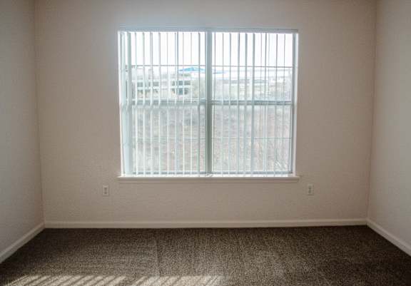 A room with a window and a carpeted floor.