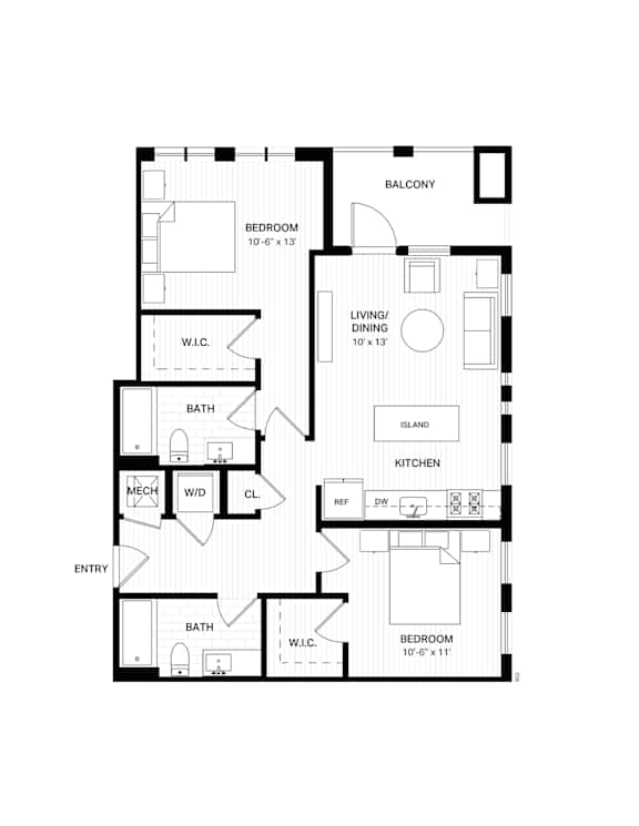 Floor Plan  A black and white floor plan of a house with a balcony, two bedrooms, a living/dining area, a kitchen, a bathroom, a mechanical room, a closet, and an entry.