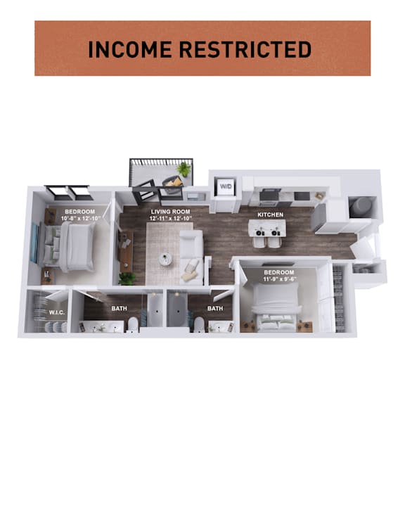 A diagram of a small apartment layout with a living room, kitchen, and two bedrooms.
