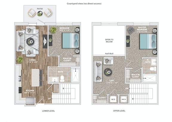 A floor plan of a two-level home with a patio and courtyard.