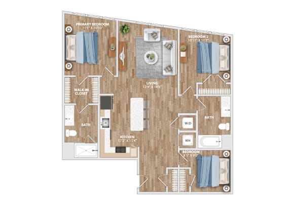 A floor plan of a house with a living room, kitchen, and bathrooms.