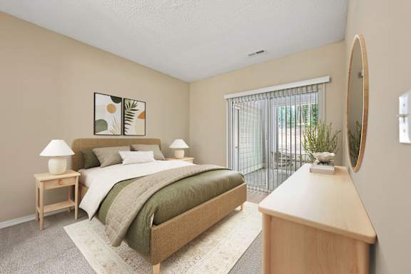 A bedroom with a bed, nightstand, lamp, and a mirror on the wall.