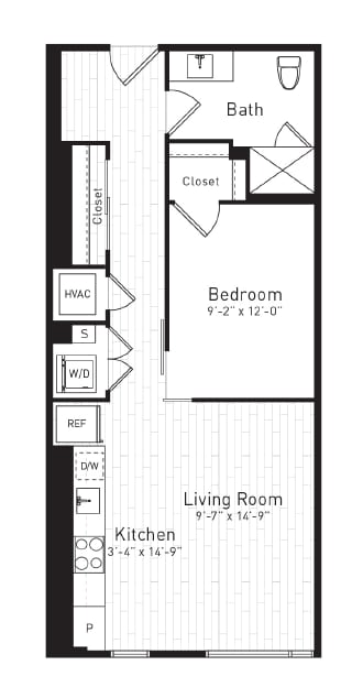 A floor plan of a small apartment with a living room, kitchen, bedroom and bathroom.