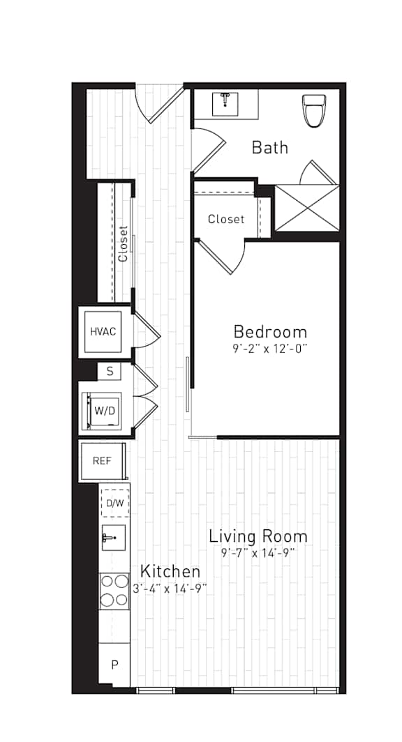 A floor plan of a small apartment with a living room, kitchen, bedroom and bathroom.