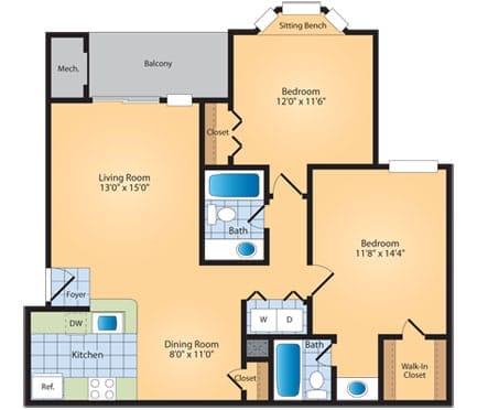 A floor plan of a house with a living room, two bedrooms, a dining room, a kitchen, a bathroom, a walk-in closet, and a study