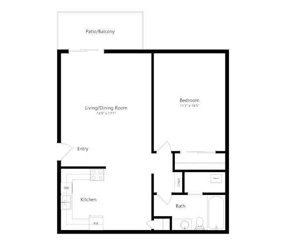 A floor plan of a small apartment with a kitchen, bathroom, living room and bedroom.