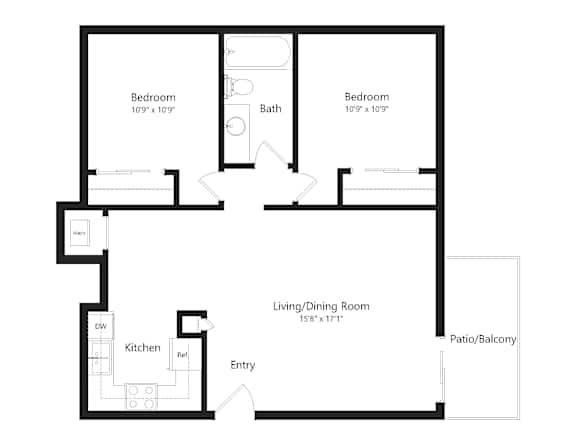 A floor plan of a home with two bedrooms, a living/dining room, kitchen, and bathroom.