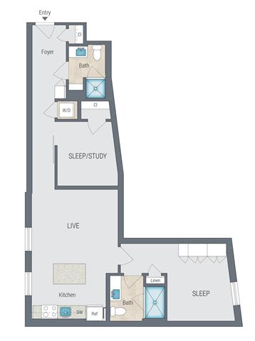 1 bed 2 bath an illustration of a floor plan of a house at Reed Row, Washington DC