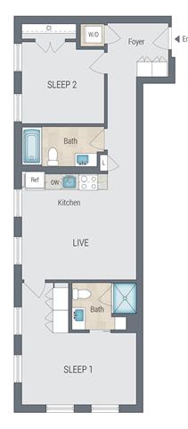 2 bed 2 bath A an illustration of a floor plan of a small house at Reed Row, Washington, Washington DC